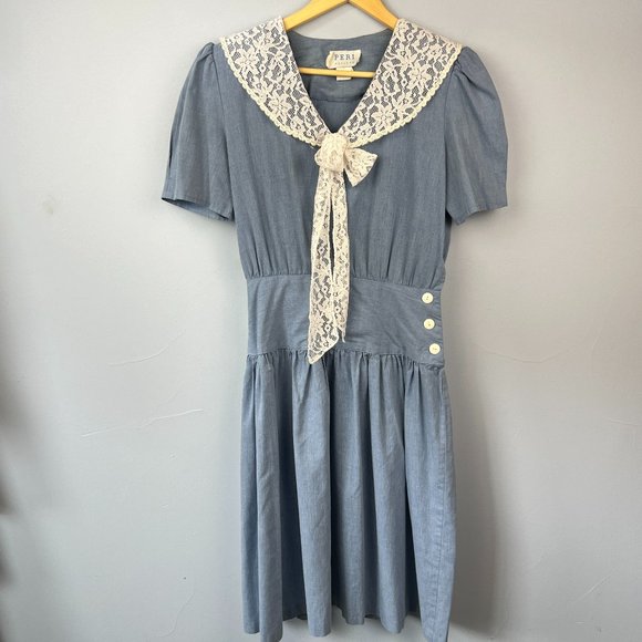 Vintage PERI Petites Cotton Modest Dress with Lace Collar and Tie Size M - Picture 1 of 11